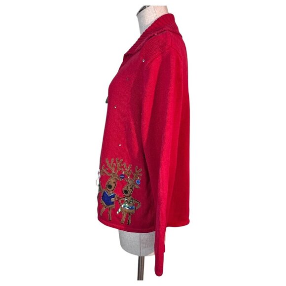 Tiara International Christmas Collection Red Reindeer Sweater Women Size L Zip - Picture 8 of 10